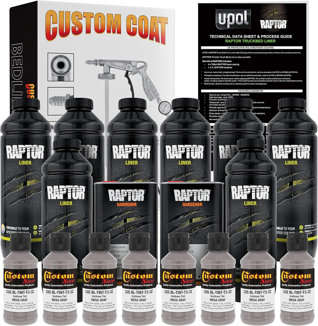 U-Pol Raptor Mesa Gray Urethane Spray-On Truck Bed Liner Kit and Custom Coat Spray Gun with Regulator, 8 Liters