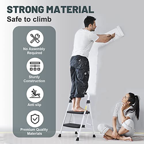 SocTone 3 Step Ladder, Folding Step Stool for Adults with Handle, 500lbs Capacity, White H81610