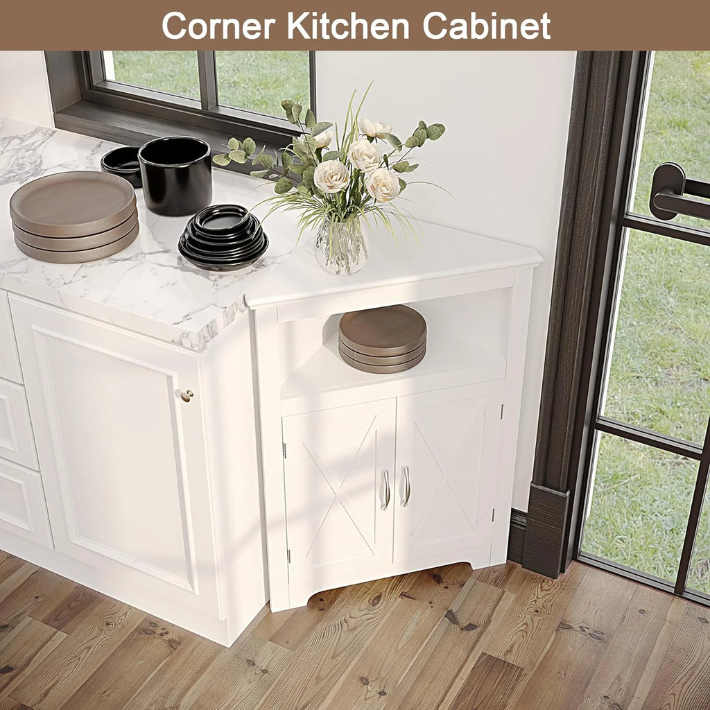 YINCHEN Corner Storage Cabinet with Barn Door and Adjustable Shelf, White P514