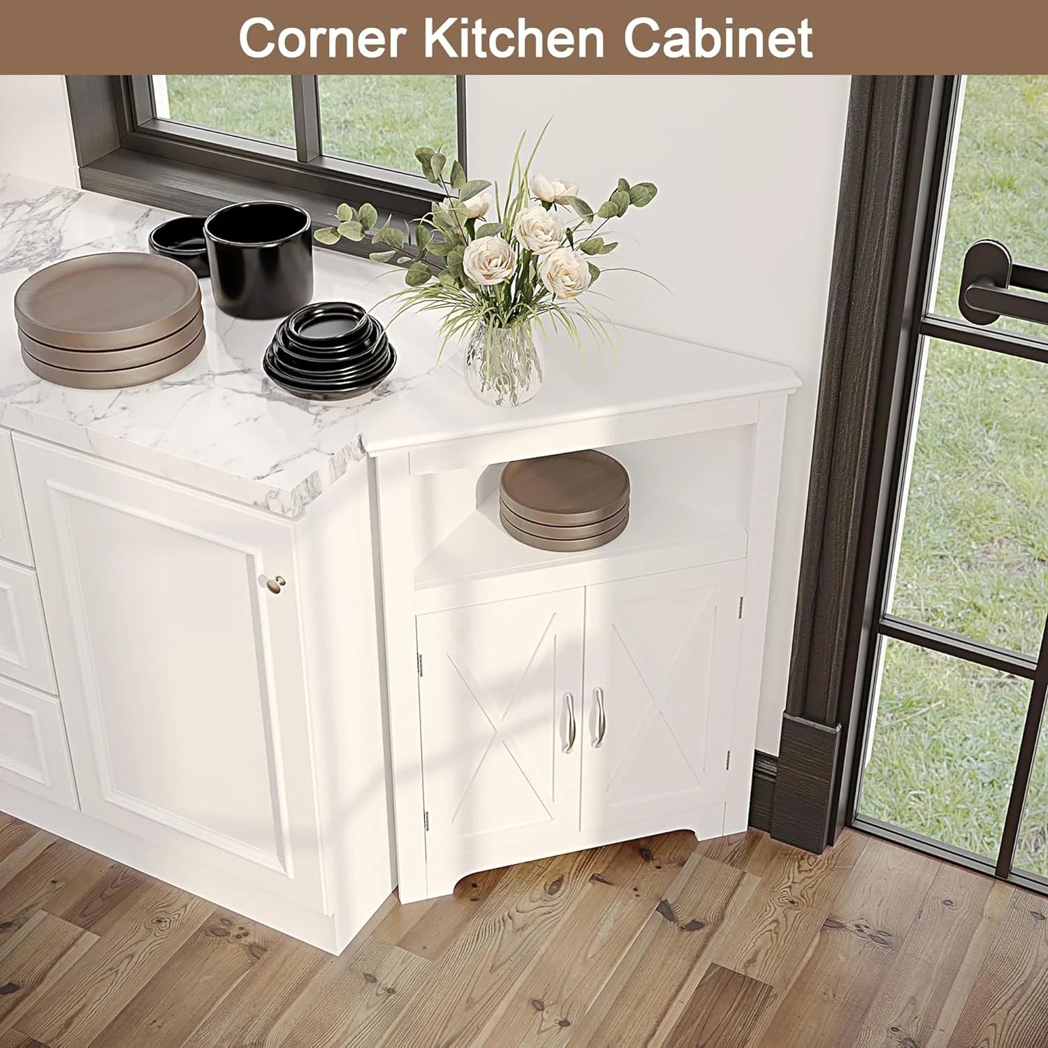 YINCHEN Corner Storage Cabinet with Barn Door and Adjustable Shelf, White P514