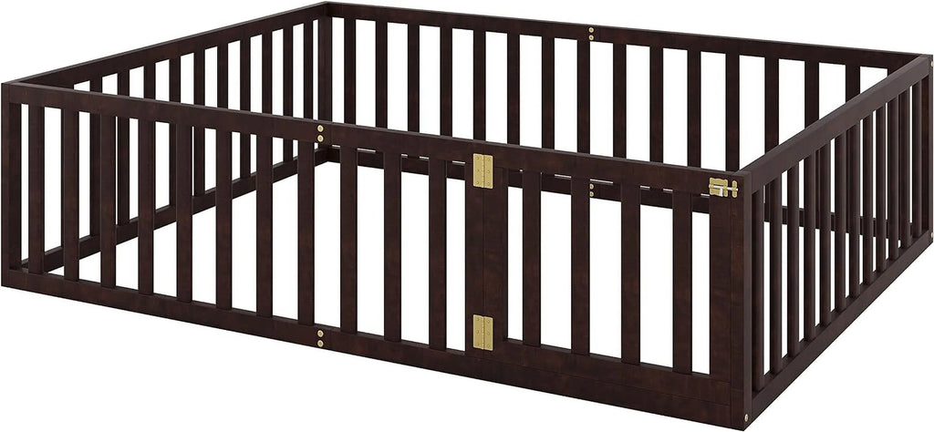 Walnut Queen Montessori Floor Bed with Fence for Kids F162987