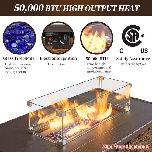 43" Propane Fire Pit Table Outdoor Rectangular Stone with Glass Wind Guard O259531