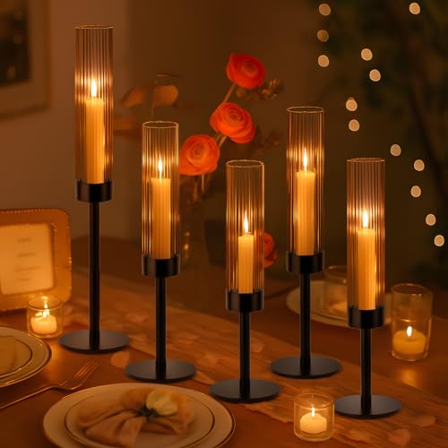 Black Hurricane Candle Holders Set of 6 Glass Taper Candlestick Holders G494