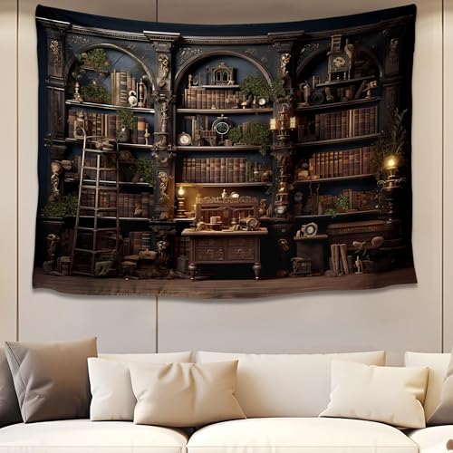 QGHOT Medieval Bookshelf Tapestry Vintage Library Wall Hanging P36533