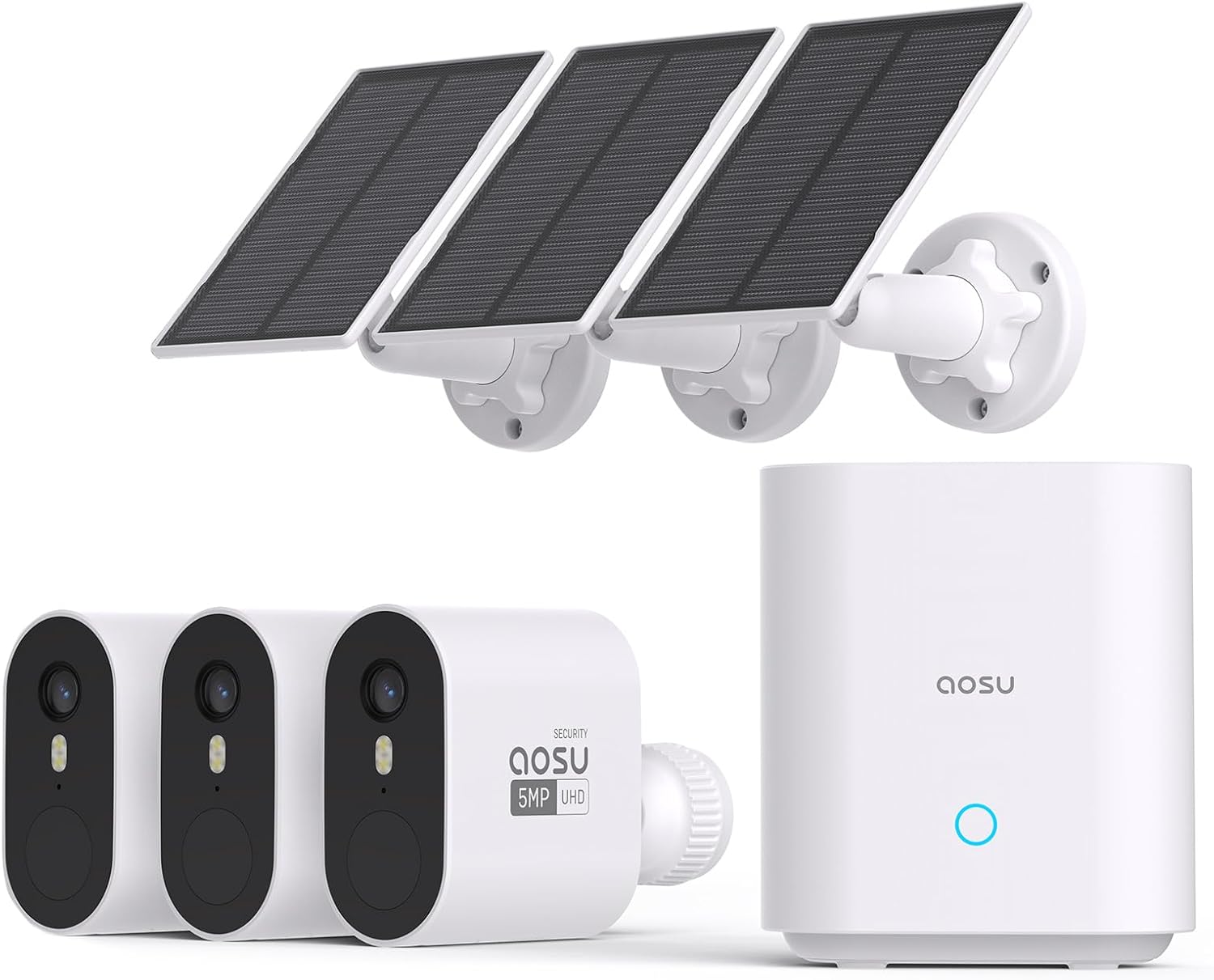 AOSU 5MP Solar Security Cameras Wireless Outdoor, 166° Ultra-Wide-Angle, Home Security Camera System 3-Cam Kit with Color Night Vision, Spotlight, No Subscription, Support 2.4G & 5G WiFi Router