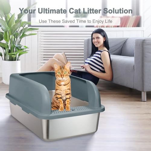 Enclosed Stainless Steel Cat Litter Box XXL with Scoop Q249