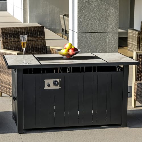30" Propane Fire Pit Table with Ceramic Top, 50000 BTU, Outdoor Gas Firepit with Lid & Glass Rock Y964