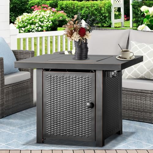 32 Inch Propane Fire Pit Table with 2 Drink Holders, Lid & Lava Rock V846641