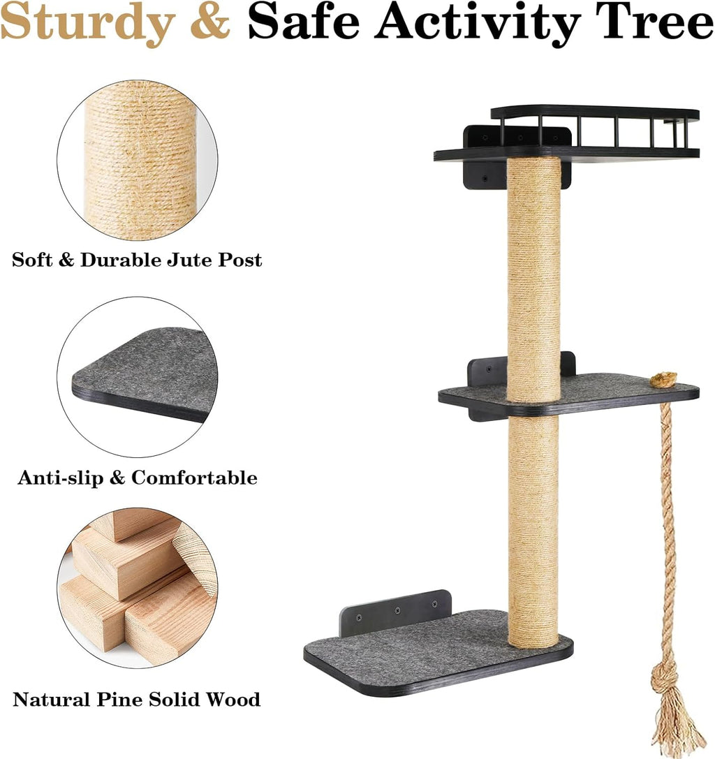 Wall-Mounted Cat Shelves 3-Tier Cat Tower with Scratching Post T619