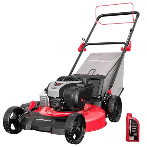 PowerSmart Self Propelled Gas Lawn Mower, Briggs and Stratton E550 140cc Engine, 21-Inch Steel Deck 3-in-1 Mulch, Bag, Side Discharge, 6-Position Dual Lever Height Adjustment