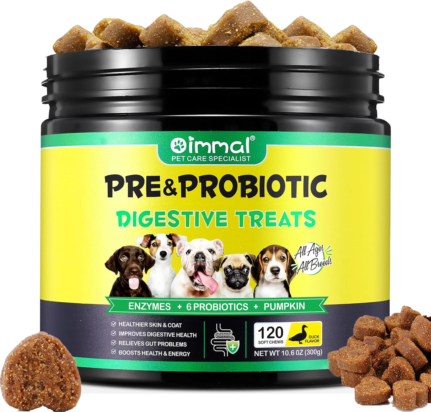 Probiotics for Dogs,Dog Probiotics for Dogs Digestive Enzymes, Gut Health,Itchy Skin, Allergies, Yeast Balance,Immune System and Overall Health Supports,120 Soft Chews,Perking Duck Flavor