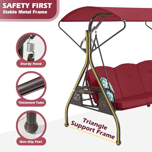 800LBS Patio Swing with Canopy 3 Seat Outdoor Porch Swing with Stand, Cup Holder & Pillow (Green) O887
