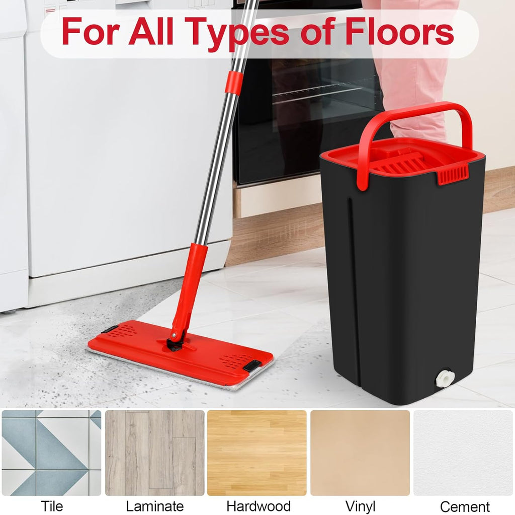Mop and Bucket with Wringer Set, Hands Free Flat Mop with Stainless-Steel Handle, 3 Microfiber Pads S594