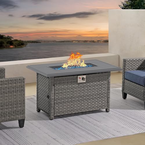 SUNSITT Outdoor Fire Pit Table 43 Inch Wicker Propane with Aluminum Tabletop, Taupe F2263