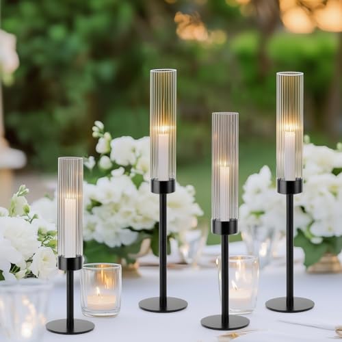 Black Hurricane Candle Holders Set of 6 Glass Taper Candlestick Holders G494