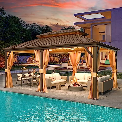 YOLENY 10' x 12' Hardtop Gazebo with Galvanized Steel Double Roof, Netting and Curtains Y84317