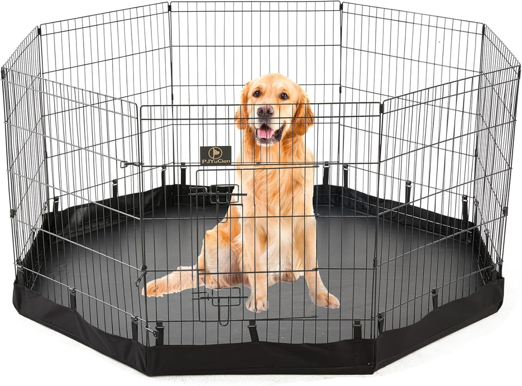 PJYuCien 8 Panel 24" W x 36" H Foldable Exercise Metal Pet Playpen with Door, Bottom Pad, Dog Fence/Puppy Pen/Rabbit Yard/Small Animal Kennels, Indoor/Outdoor.