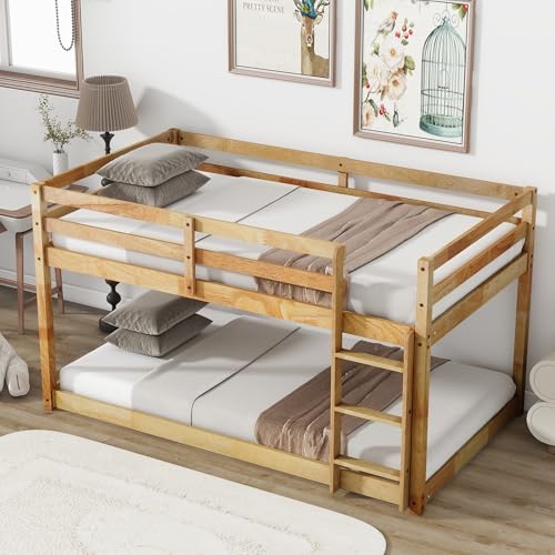 Twin Over Twin Wood Bunk Bed with Ladder and Guardrails for Kids P604