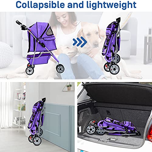 3 Wheels Pet Stroller for Dog Cat, Lightweight Foldable Jogger with Cup Holders, Pink K1046