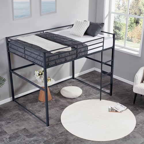 Metal Loft Bed Frame Twin Size with Safety Guard Rails & Built-in Ladder, Black C7852