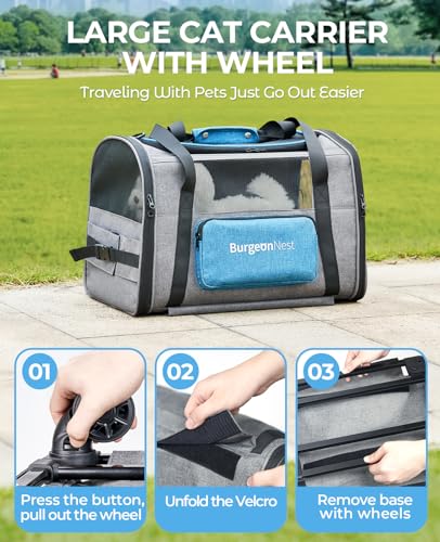 BurgeonNest Cat Carrier with Wheels, Airline Approved for Cats and Dogs 15 lbs D606