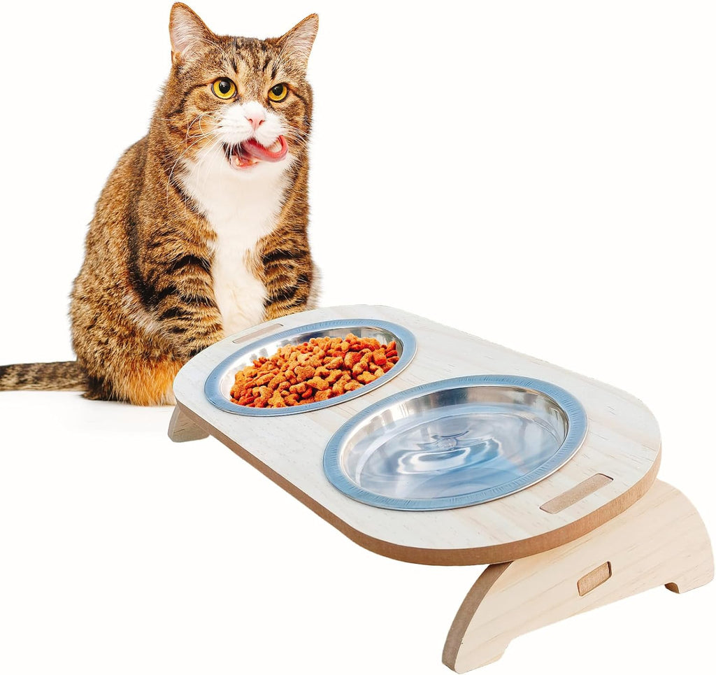 Elevated Cat Bowls with Wood Stand, 15° Tilted Stainless Steel Pet Feeder E85787
