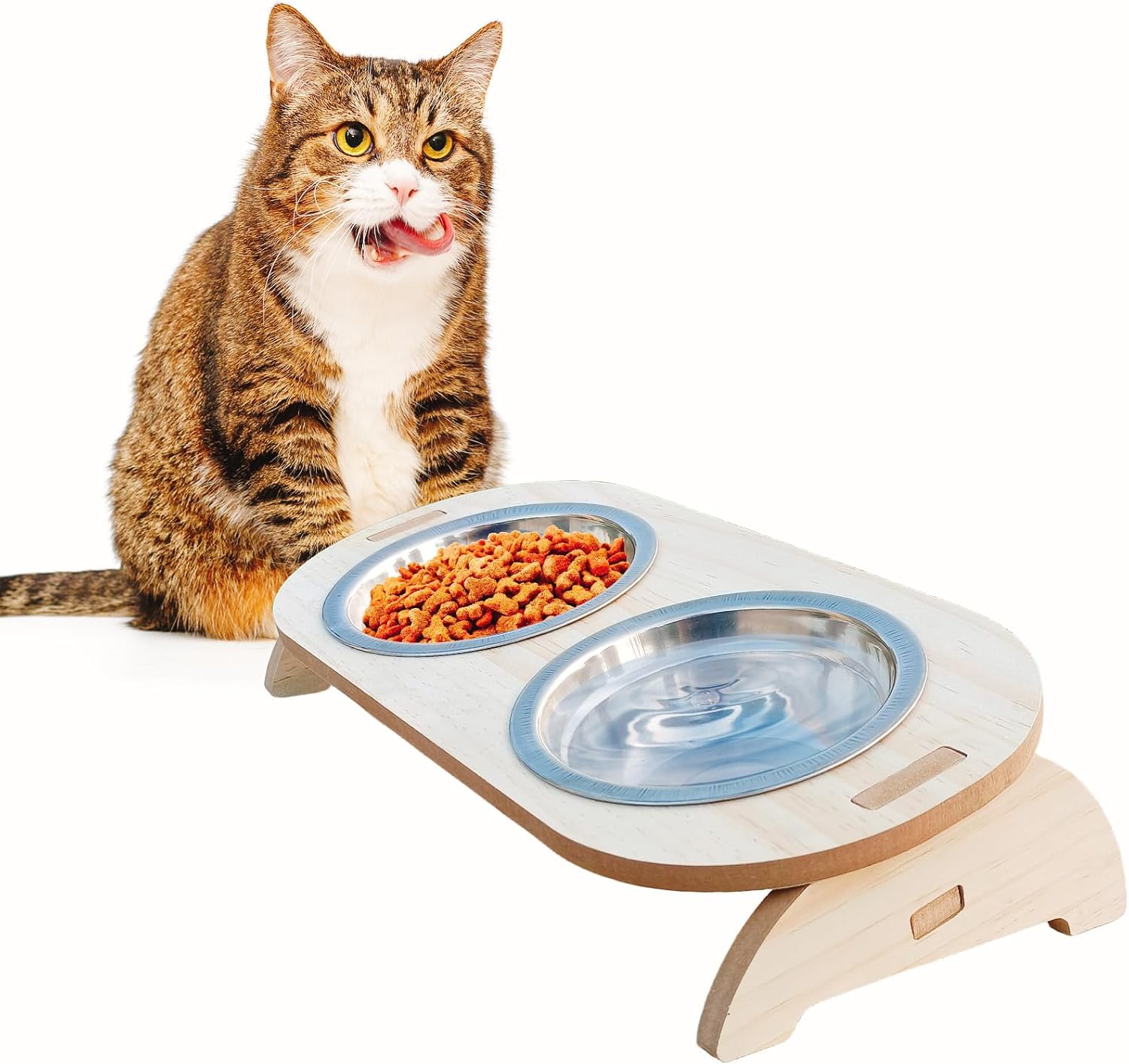 Elevated Cat Bowls with Wood Stand, 15° Tilted Stainless Steel Pet Feeder E85787