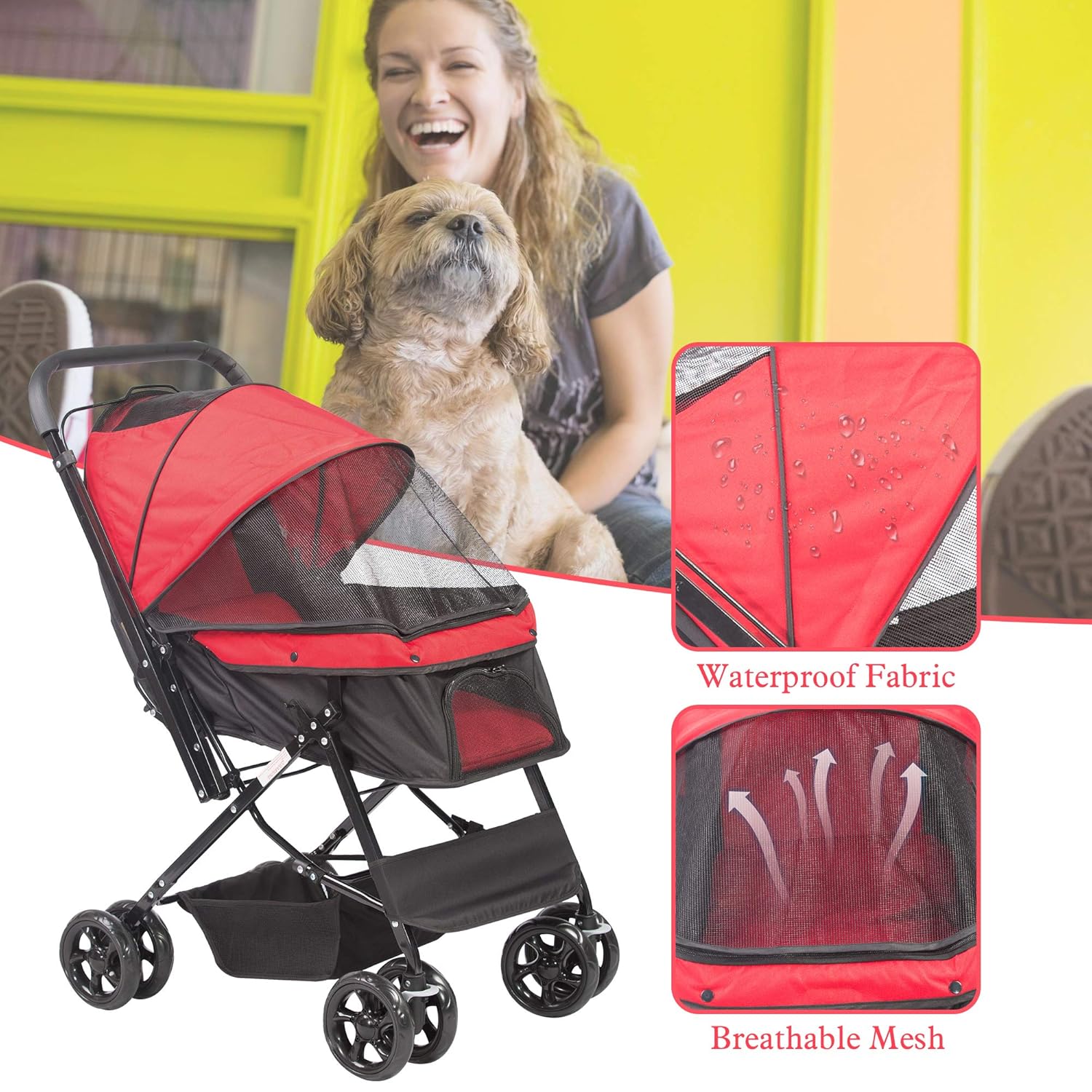 Folding Dog Stroller Travel Cage for Pets - Large 4 Wheels Elite Jogger - Red S57190