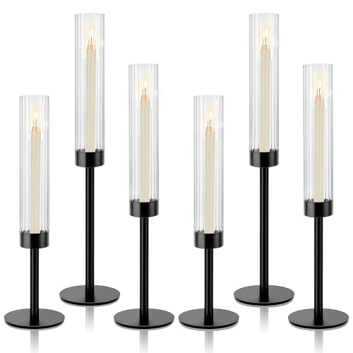 Black Hurricane Candle Holders Set of 6 Glass Taper Candlestick Holders G494