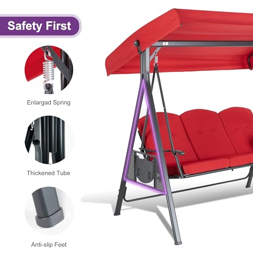 PURPLE LEAF Outdoor Patio Porch Swing with Adjustable Canopy, 3-Seat Bench, Grey W393