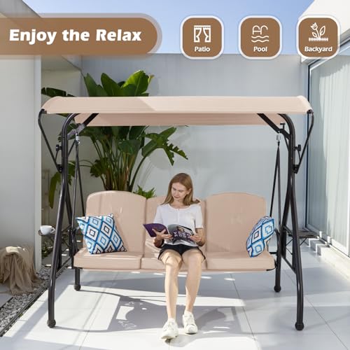 800LBS Patio Swing with Canopy 3 Seat Outdoor Porch Swing with Stand, Cup Holder & Pillow (Green) O887