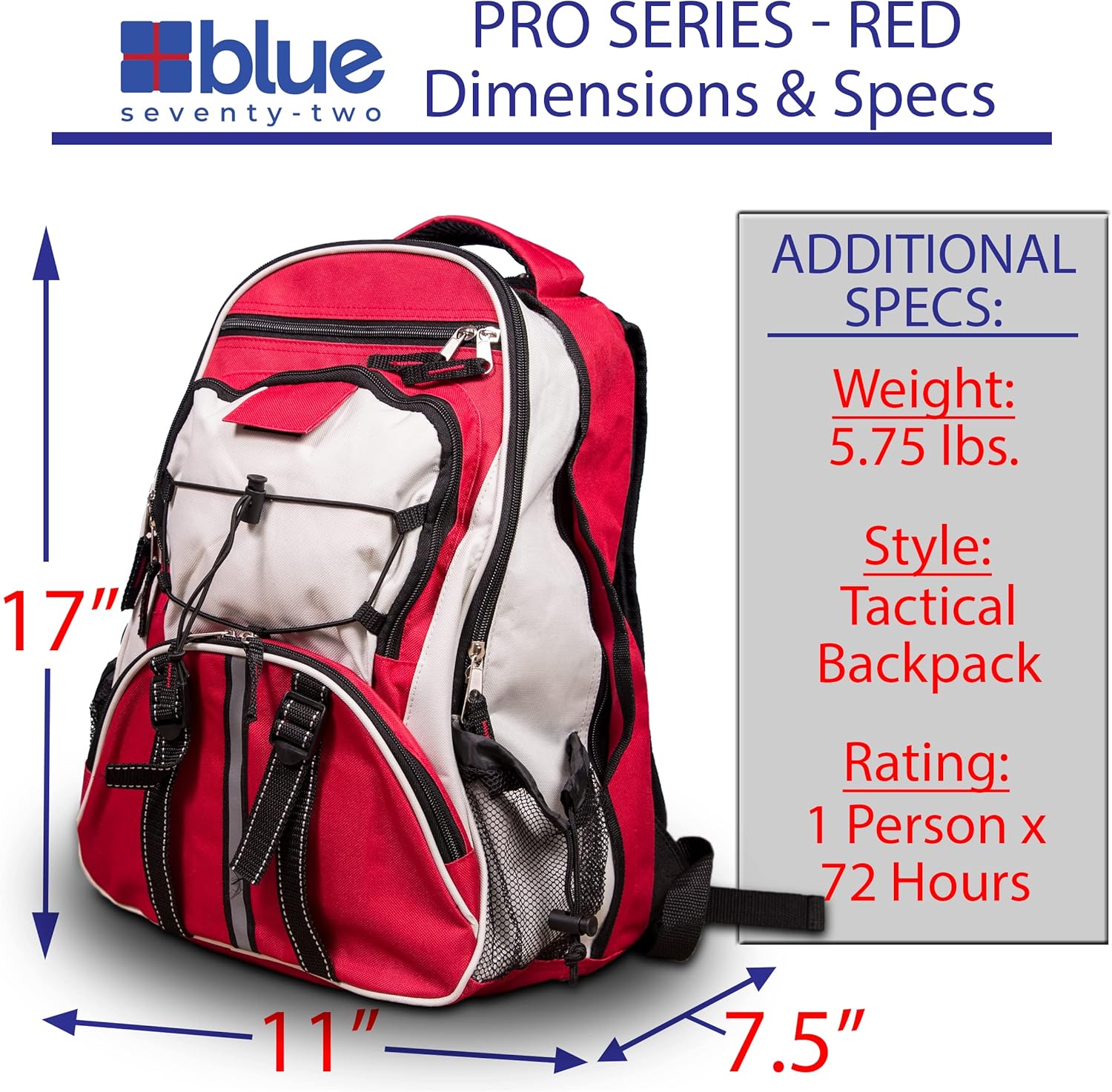 Blue Seventy-Two Pro Series Red Deluxe 72 Hour Emergency Backpack Survival Kit for 1 Person F166