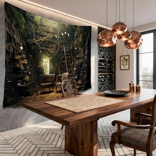 QGHOT Medieval Bookshelf Tapestry Vintage Library Wall Hanging P36533