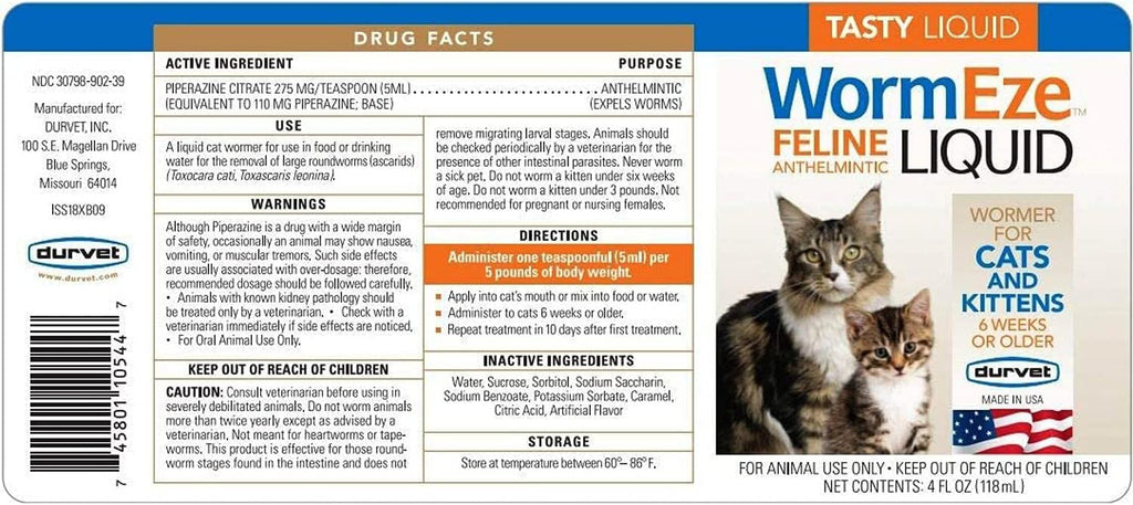 Durvet Wormeze Feline Liquid Wormer for Cats & Kittens 4oz, 3 Packs U477