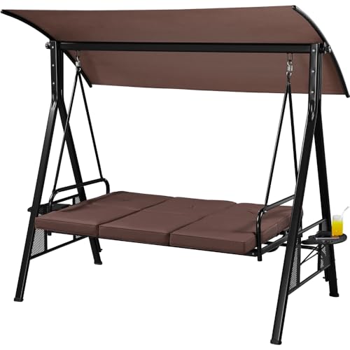 Yaheetech 3-Seat Outdoor Patio Swing with Adjustable Sunshade, Dark Brown B498326