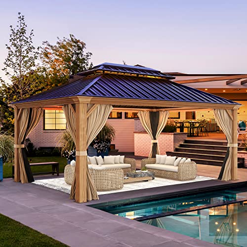 YOLENY 10' x 12' Hardtop Gazebo with Galvanized Steel Double Roof, Netting and Curtains Y84317
