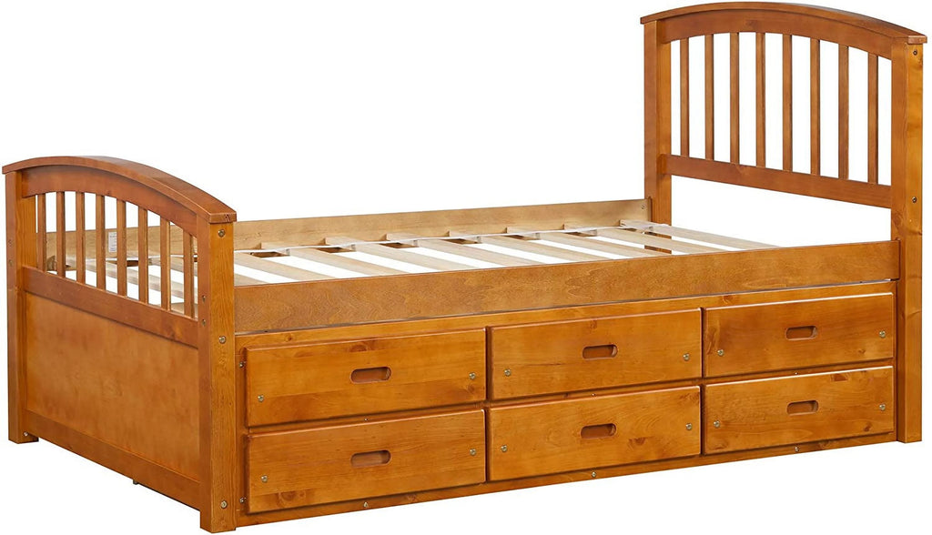SOGES Twin Size Wood Platform Bed with 6 Drawers Oak L65416