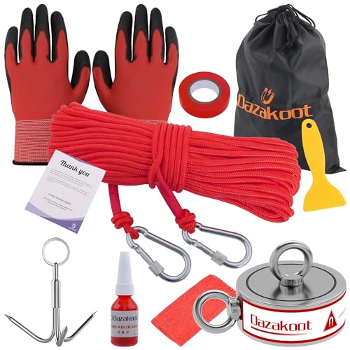 2600LBS Double Side Magnet Fishing Kit with Case, Dazakoot Magnet for Fishing & Treasure Hunt, Premium Magnetic Fishing Kit with 100FT Rope, Non-Slip Glove, Threadlocker, Grappling Hook, Carring Bag