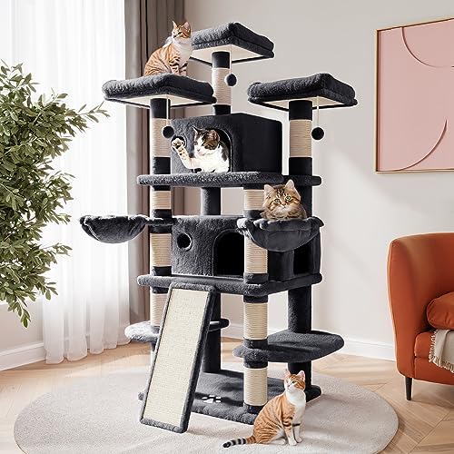 SHA CERLIN 68 Inches Multi-Level Cat Tree Tower with Condo, Plush Perches, Scratching Posts, Hammocks, and Play House, Beige