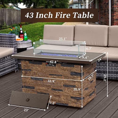 43" Propane Fire Pit Table Outdoor Rectangular Stone with Glass Wind Guard O259531