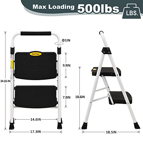 SocTone 3 Step Ladder, Folding Step Stool for Adults with Handle, 500lbs Capacity, White H81610