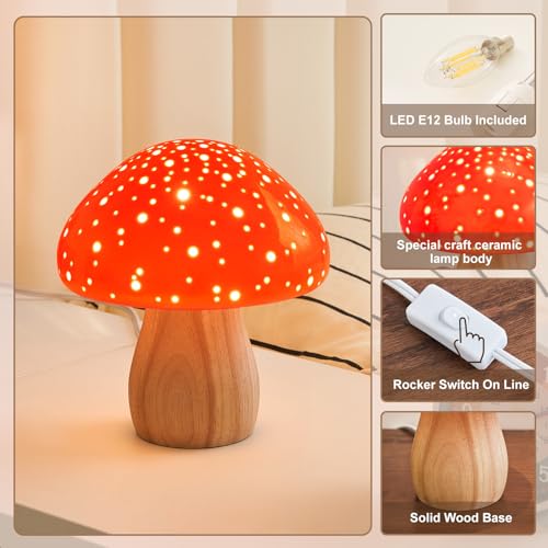 BOHON Mushroom Lamp, Ceramic Bedside Nightstand Light, Pink, LED Bulb Included T88188