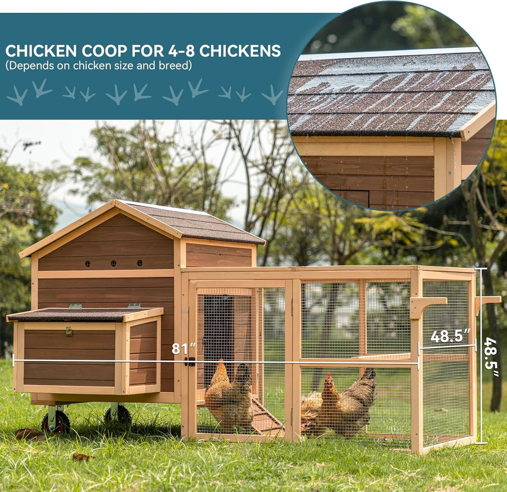 PETSFIT Large Chicken Coop Tractor 81" Hen House for 4-8 Chickens with Nesting Box and Wheels R30358
