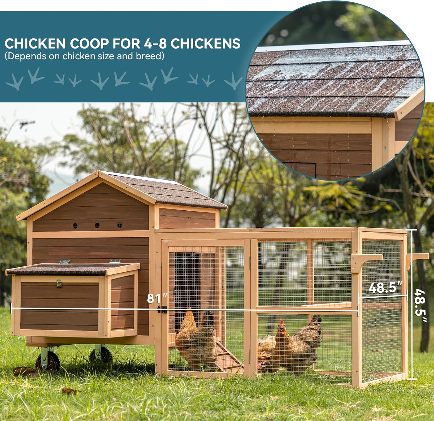 PETSFIT Large Chicken Coop Tractor 81" Hen House for 4-8 Chickens with Nesting Box and Wheels R30358