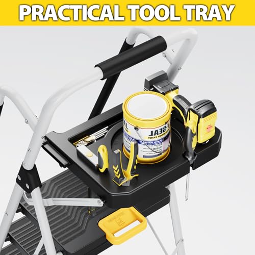 KINGRACK 3 Step Folding Ladder, 800lbs Capacity, Non-Skid Wide Pedals, White W71585