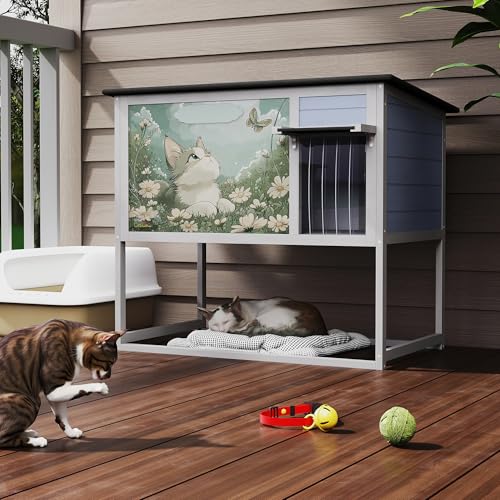 Raised Outdoor Cat House Weatherproof Insulated Shelter with Openable Top E5308