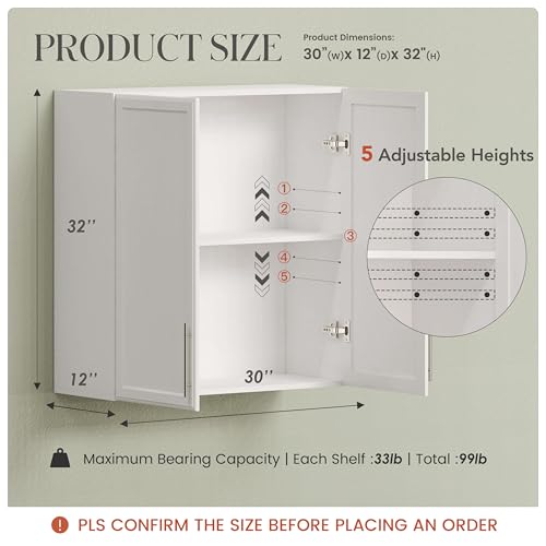 FIMELLO 30" White Wall Cabinet with Adjustable Shelf W977