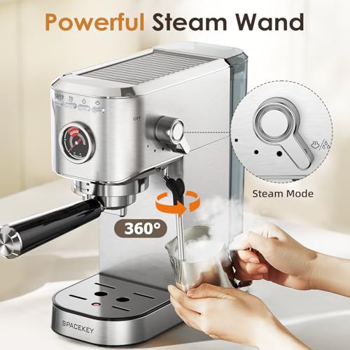 Spacekey Espresso Machine 20 Bar, Stainless Steel with Milk Frother T968