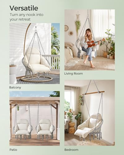 SONGMICS Hanging Chair with Large Thick Cushion, Boho Swing Chair, Cream White C225966