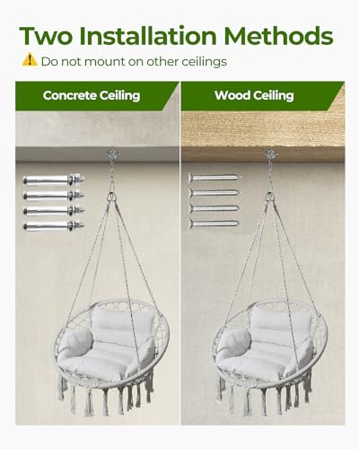 Greenstell Hammock Chair, Macrame Swing Chair with Cushion, Indoor & Outdoor, Beige G7957